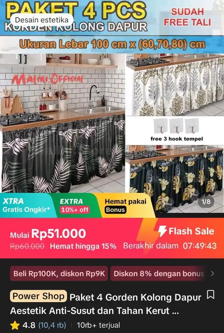 Image from Racun Shopee X Tiktok ( tiktokshop-tokopedia )⭐️: Paket 4 Gorden Kolong Dapur Aestetik Anti-Susut dan Tahan Kerutan deng...