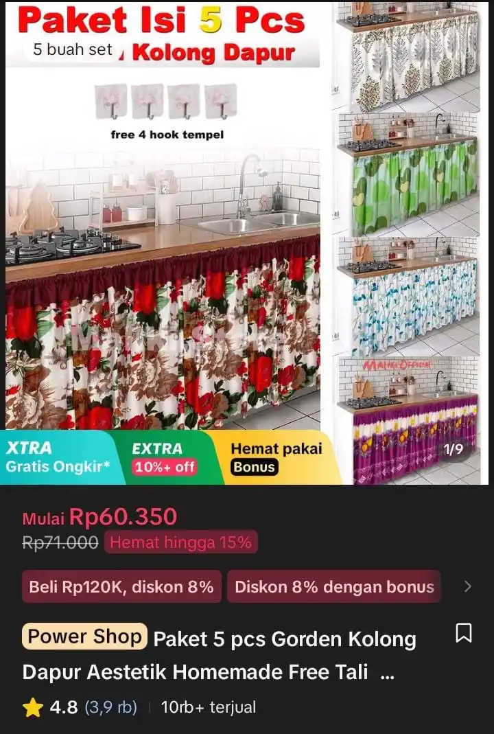 Image from Racun Shopee X Tiktok ( tiktokshop-tokopedia )⭐️: Paket 5 pcs Gorden Kolong Dapur Aestetik Homemade Free Tali dan 4 Hook...