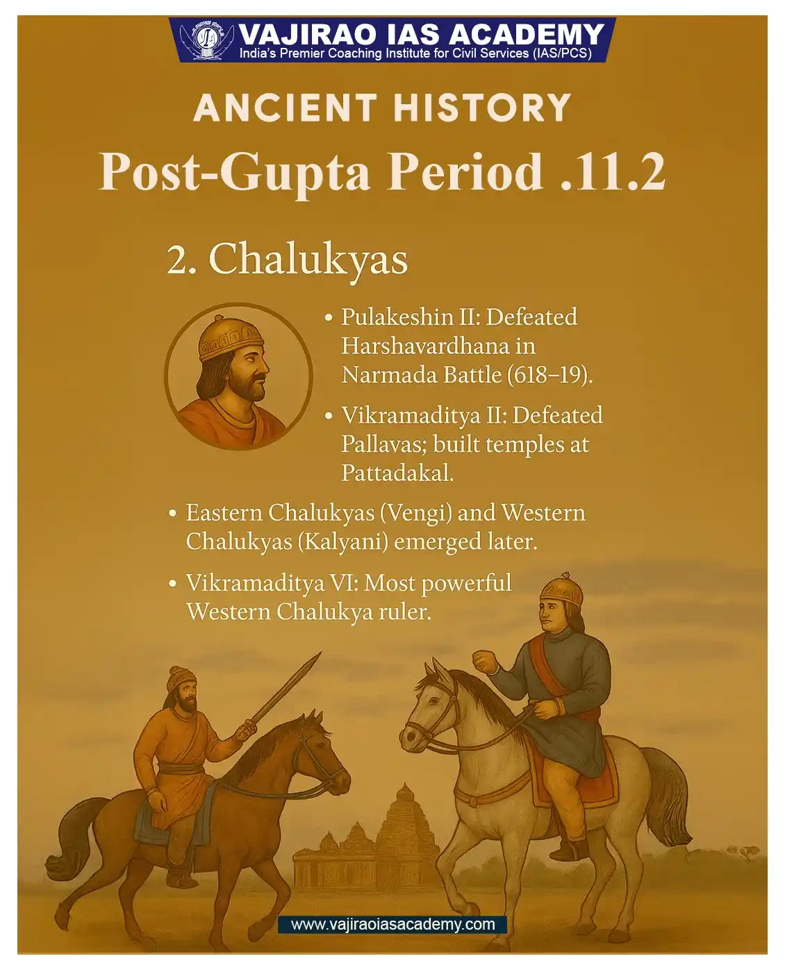 Image from UPSC Current Affairs Updates, Daily Quiz, IAS/UPSC Editorials: ⚔️ Post-Gupta Period | Rise of the Chalukyas Pulakeshin II vs. Harshav...