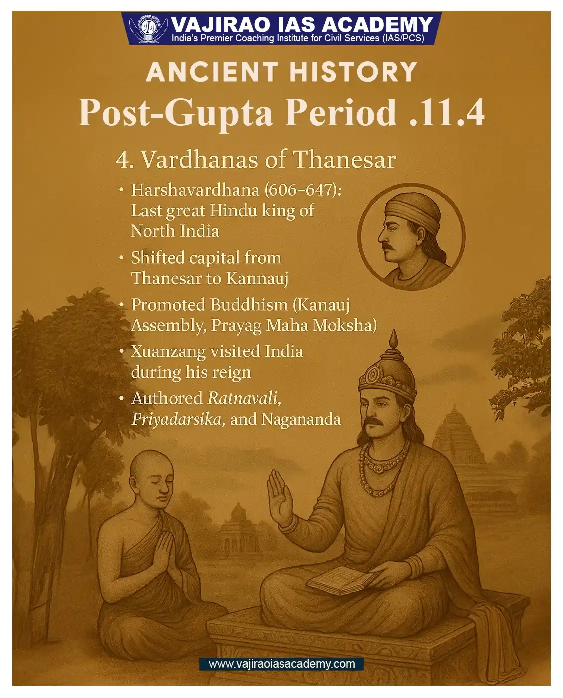 Image from UPSC Current Affairs Updates, Daily Quiz, IAS/UPSC Editorials: 👑 Post-Gupta Period | Vardhanas of Thanesar Harshavardhana (606–647 C...