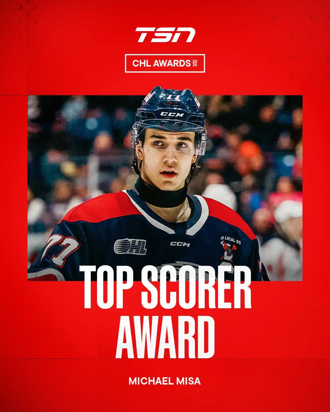 Image from TSN: Saginaw Spirit’s Michael Misa wins the CHL Top Scorer Award as he fini...