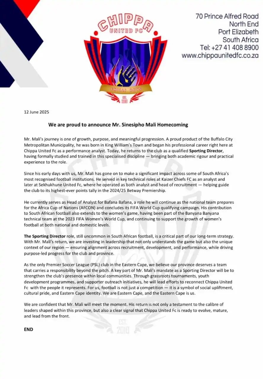 Image from ThamiSoccer: Sinesipho Mali is the new sporting director of Chippa United <a class=...