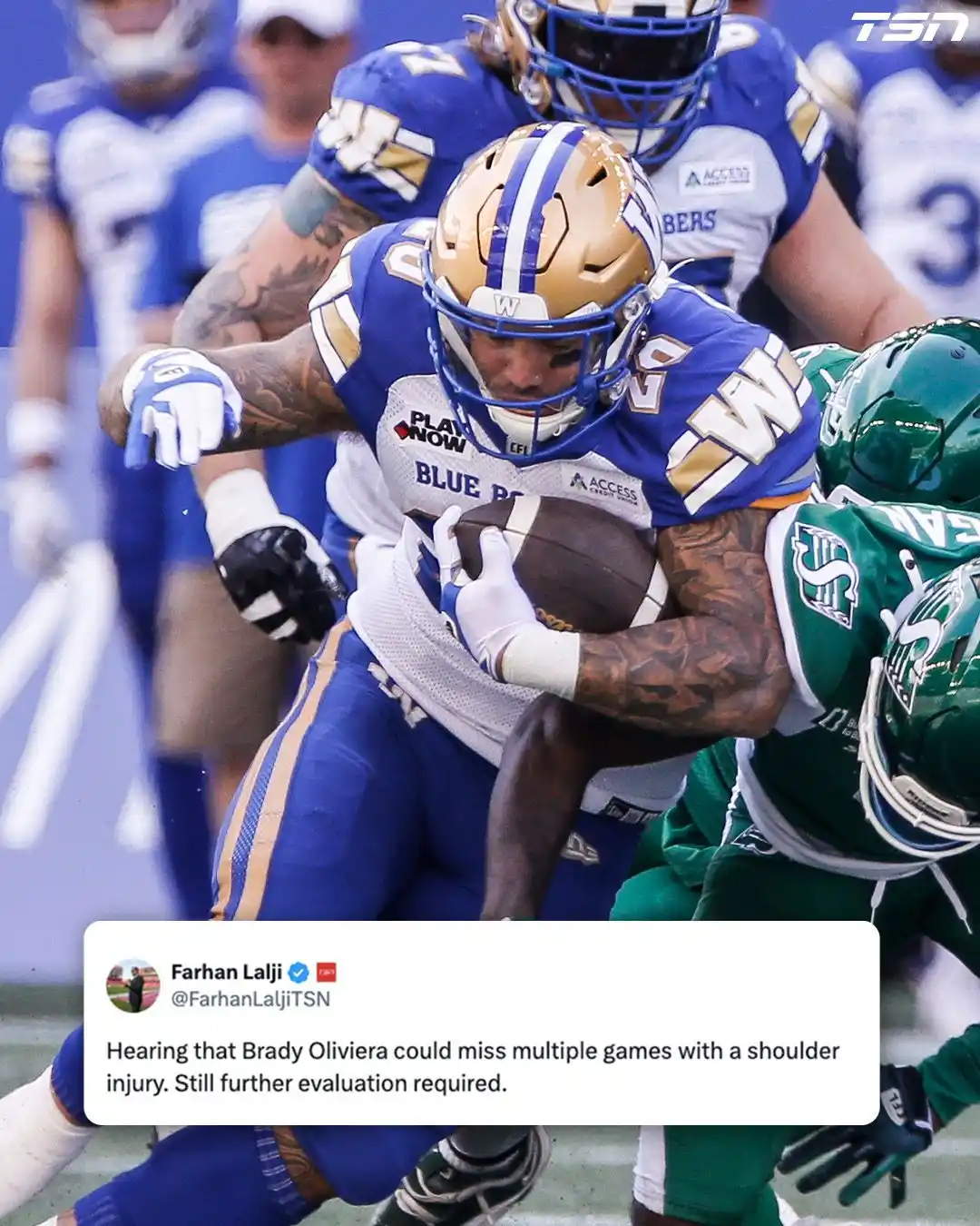 Image from TSN: The Winnipeg Blue Bombers could be missing their star running-back for...