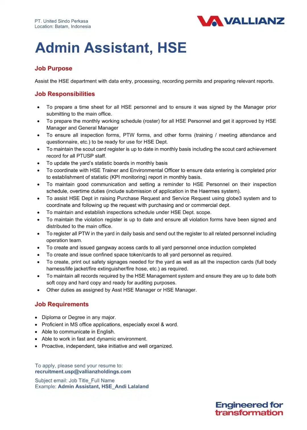 Image from Loker K3: We're Hiring: Safety Admin We are looking for a Safety Admin to suppo...