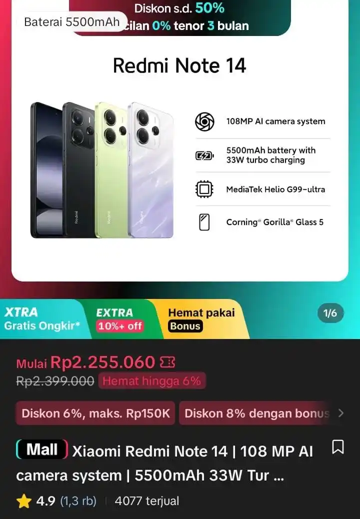 Image from Racun Shopee X Tiktok ( tiktokshop-tokopedia )⭐️: Xiaomi Redmi Note 14 | 108 MP AI camera system | 5500mAh 33W Turbo Cha...