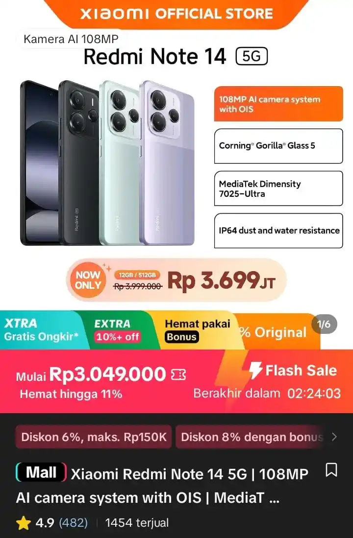 Image from Racun Shopee X Tiktok ( tiktokshop-tokopedia )⭐️: Xiaomi Redmi Note 14 5G | 108MP AI camera system with OIS | MediaTek D...