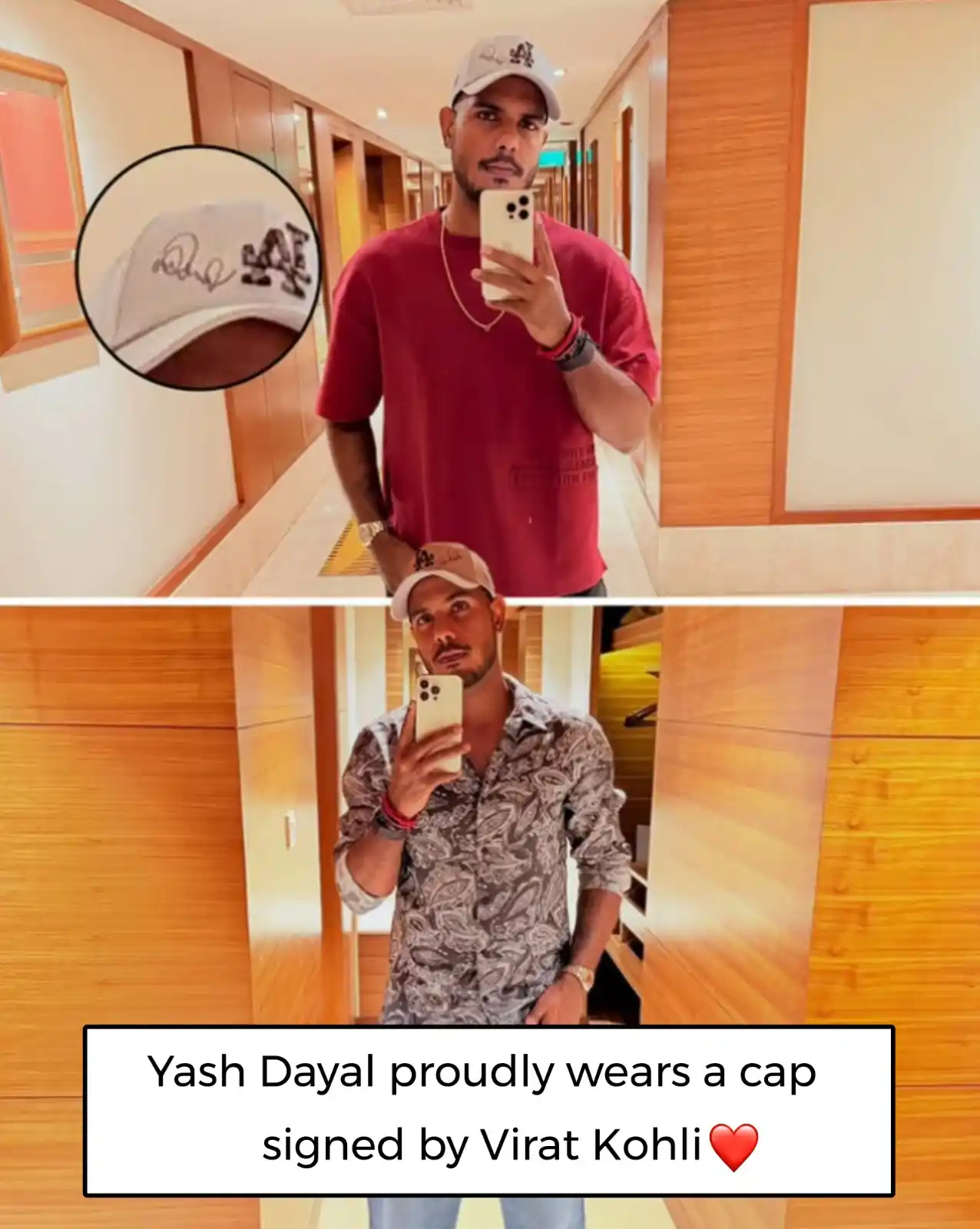 Image from Sports Duniya: Yash Dayal proudly wears a cap signed by Virat Kohli. ❤️👑...