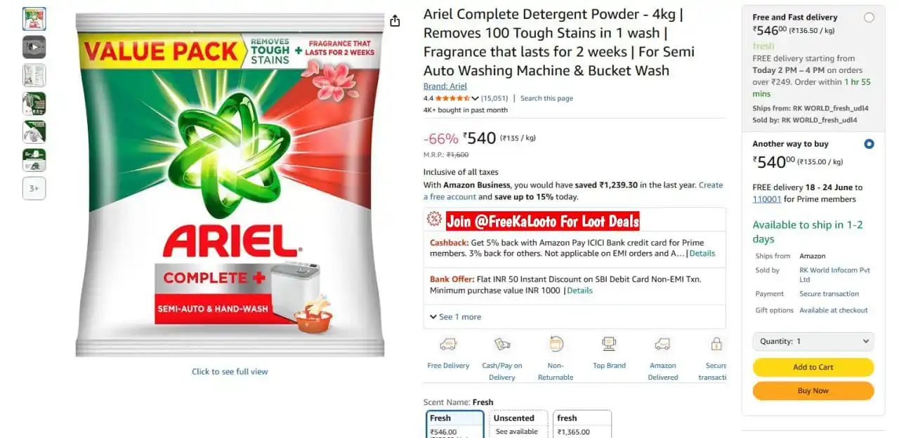 Image from Amazon Loot Deals ✅: Ariel Complete Detergent Powder 4kg @540 https://amzn.to/4kFsFHI...