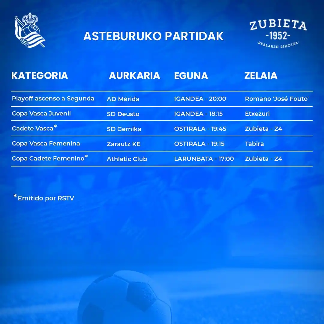 Image from Real Sociedad: 📋 *Asteburuko partiden zerrenda* 🎥 Zuzenean: _linktr.ee/Zubieta.RS...