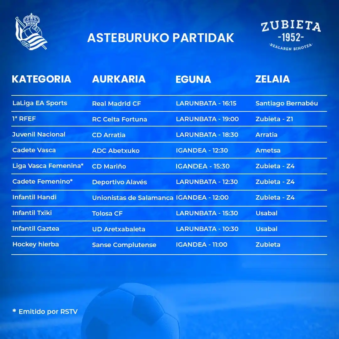 Image from Real Sociedad: 📋 *Asteburuko partiden zerrenda* 🎥 Zuzenean: _linktr.ee/Zubieta.RS...