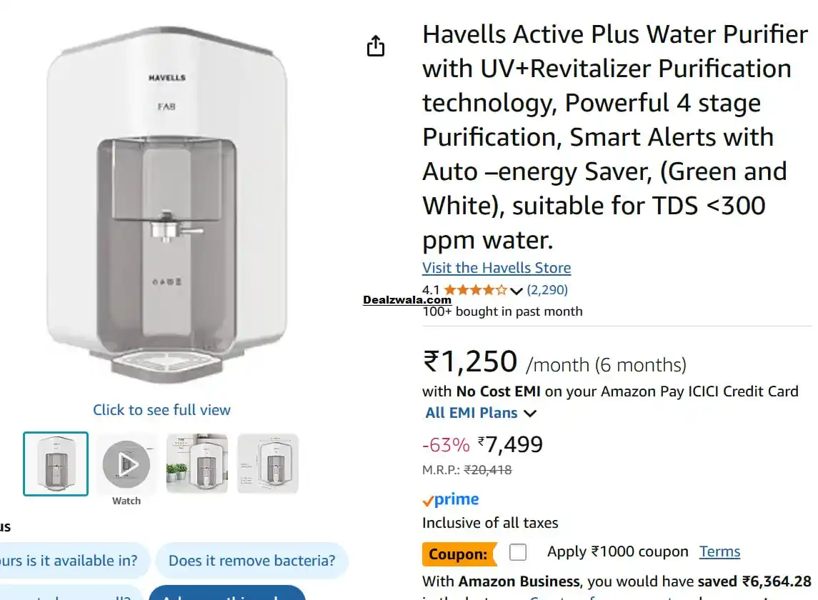 Image from Amazon Loot Deals ✅: Havells Active Plus Water Purifier @ 6499 Apply ₹1000 Off Coupon http...