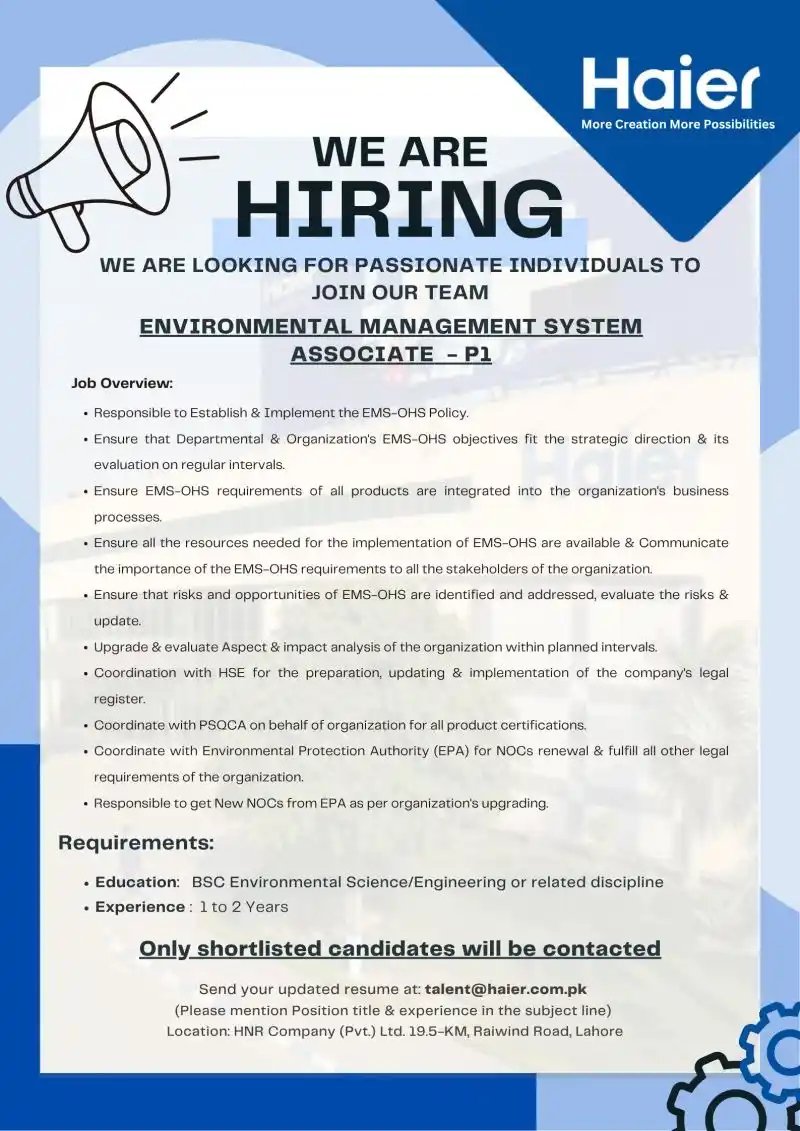 Image from HR Posting Partner (Jobs in Pakistan): Job Opportunity: Environmental Management System Associate - P1 We ar...