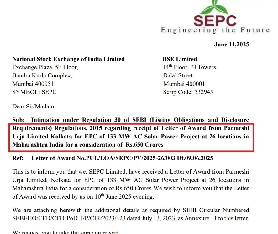 Image from FinanceWith100₹bh: Letter of Award from Parmeshi Urja Limited Kolkata for EPC of 133 MW A...