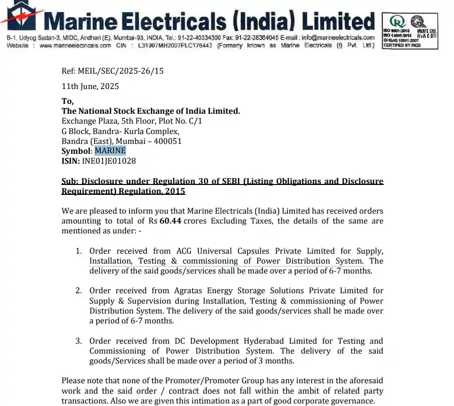 Image from FinanceWith100₹bh: Marine Electricals (India) Limited has received orders amounting to to...
