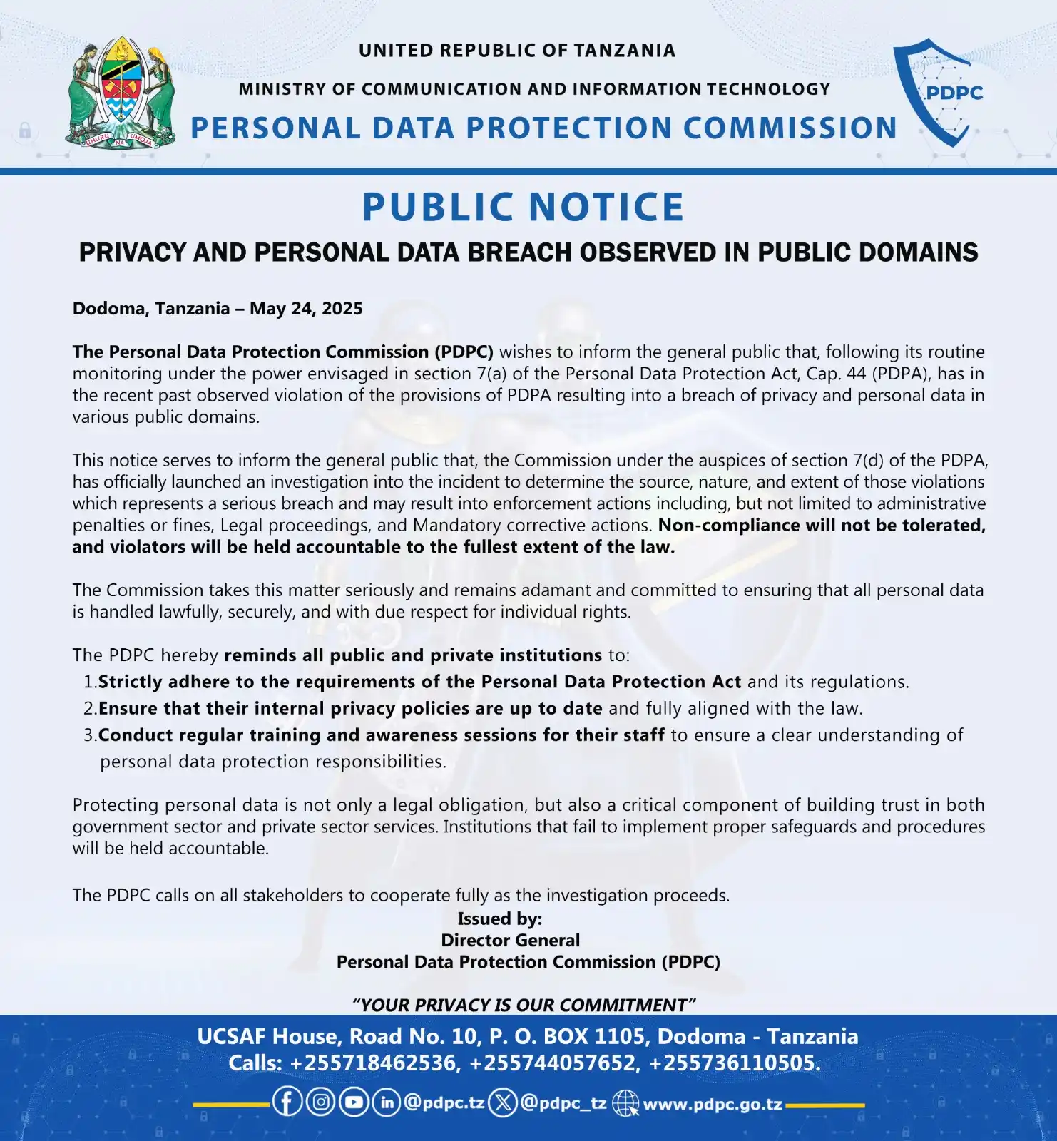 Image from Tume Ya Ulinzi wa Taarifa Binafsi (PDPC): *PUBLIC NOTICE*📌 Privacy and Personal Data Breach Observed in Public ...