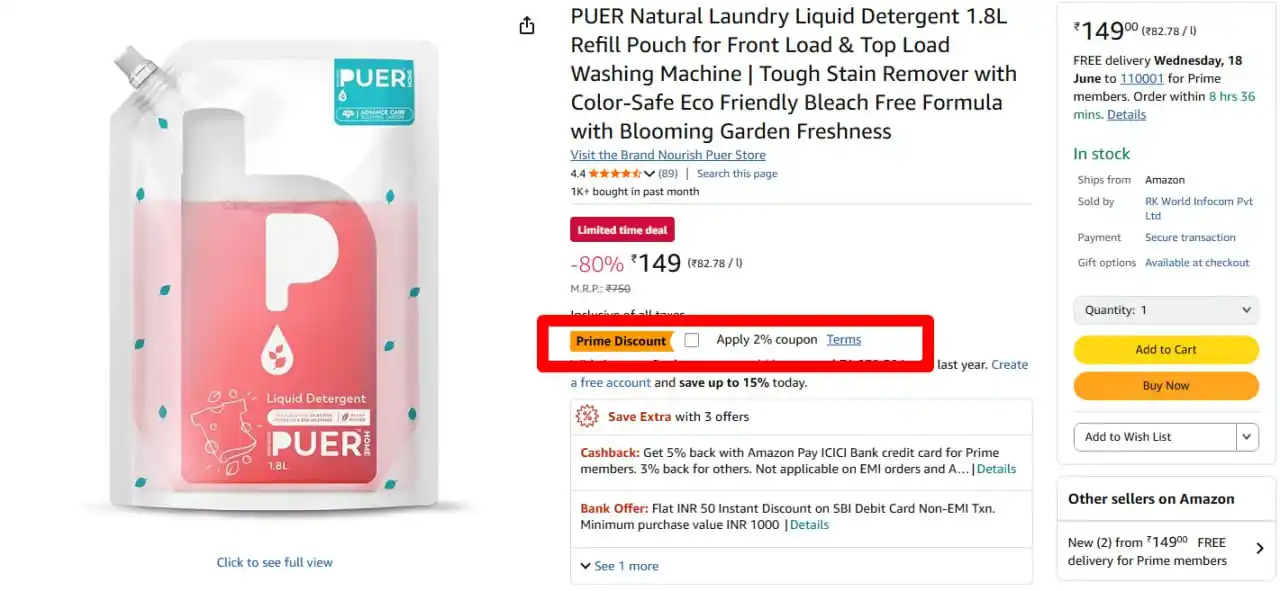 Image from Amazon Loot Deals ✅: PUER Natural Laundry Liquid Detergent 1.8L @ 149 https://amzn.to/43ZN...