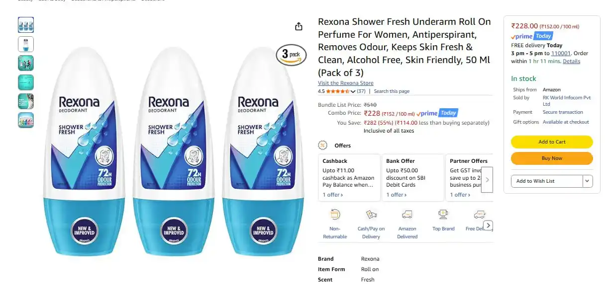 Image from Amazon Loot Deals ✅: Rexona Shower Fresh Underarm Roll On, 50 Ml (Pack of 3) @ 228. https:...