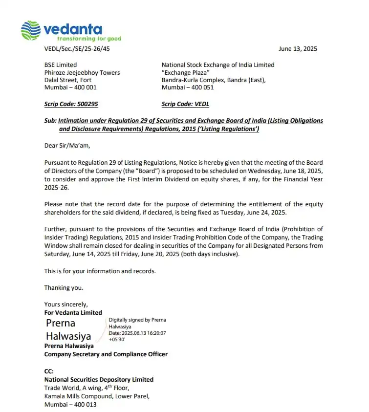 Image from FinanceWith100₹bh: Vedanta to consider first interim dividend for FY26 on June 18...