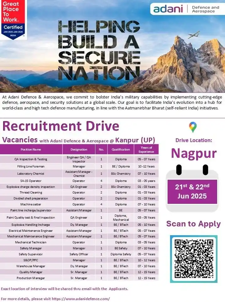 Image from WorldWide Job Links 🌐: 📢 We Are Hiring 📢 Recruitment Drive for several roles at Adani Def...