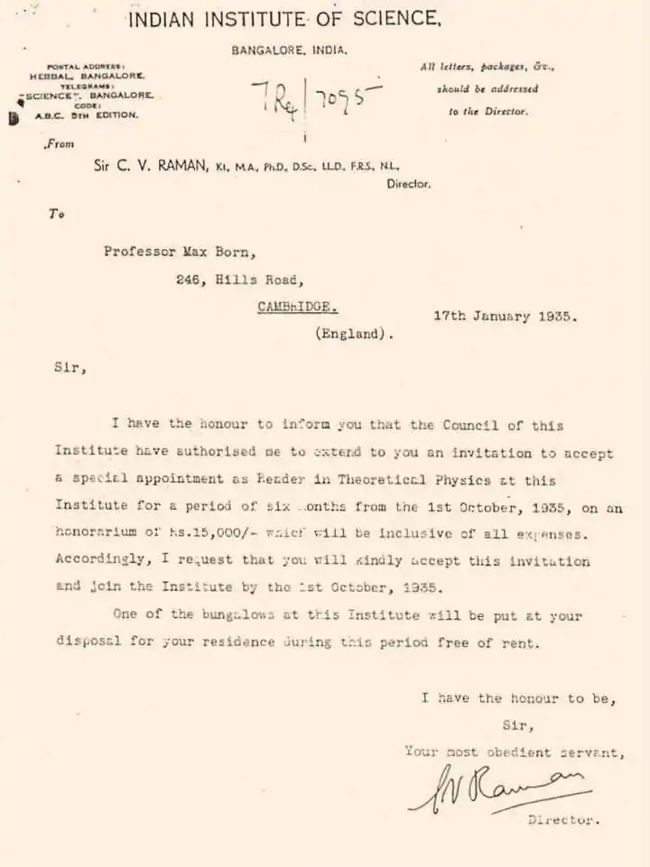 Image from ๐๐ ๐๐ฑ๐ ๐๐ฒ๐๐ธ: When Legends Corresponded: C.V. Raman Invites Max Born to India in a H...