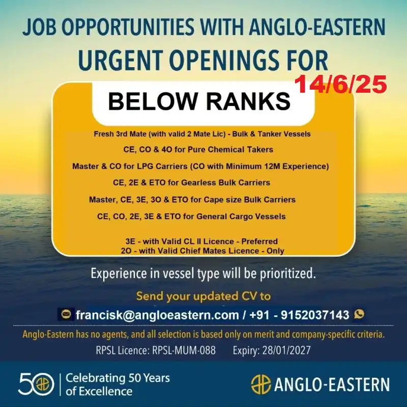 Image from SEA JOBS - ENGINE, ELECTRICAL DEPT( Marine / Merchant Navy): "14/6/25 https://whatsapp.com/channel/0029VafzXlQHbFVFUurf6Z3q ...