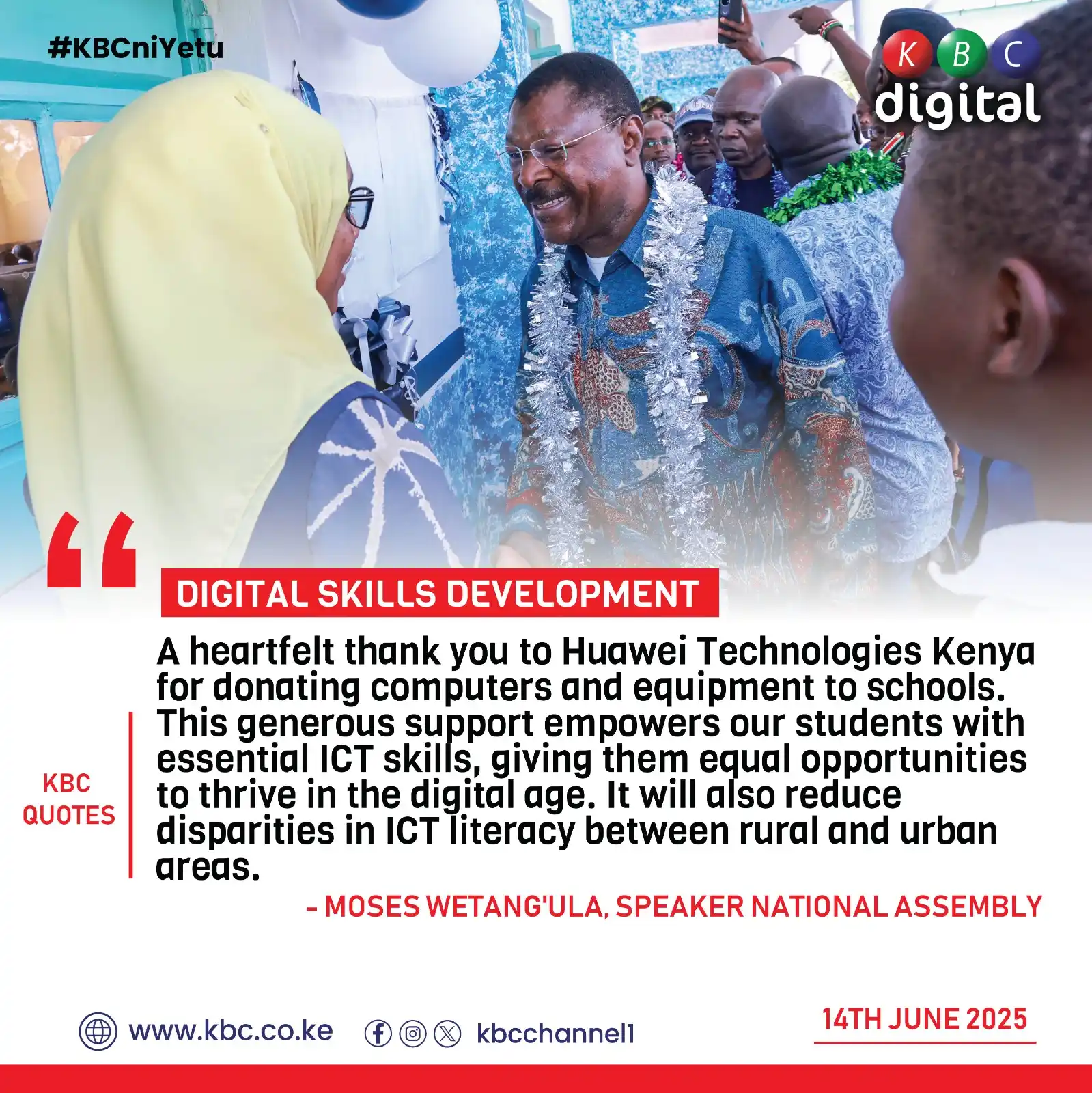 Image from KBC Digital: "A heartfelt thank you to Huawei Technologies Kenya for donating compu...