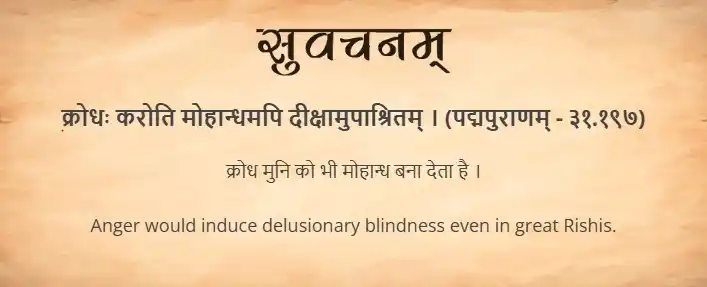 Image from Samskrit Promotion Foundation: आज का सुवचन । क्रोधः करोति मोहान्धमपि दीक्षामुपाश्रितम् । (पद्मपुराणम...