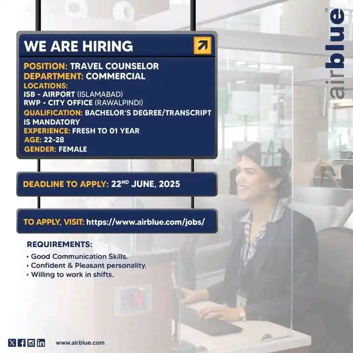 Image from info Pak organizations: ایئر بلیو کو "ٹریول کاؤنسلر" (Travel Counselor) کی آسامی کے لیے خواتین...