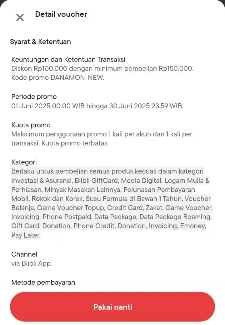 Image from Promo Shopee, Tokopedia, Blibli, Lazada, Tiktok: DANAMON X BLIBLI kode: DANAMON-NEW Diskon 100k minbel 150k...