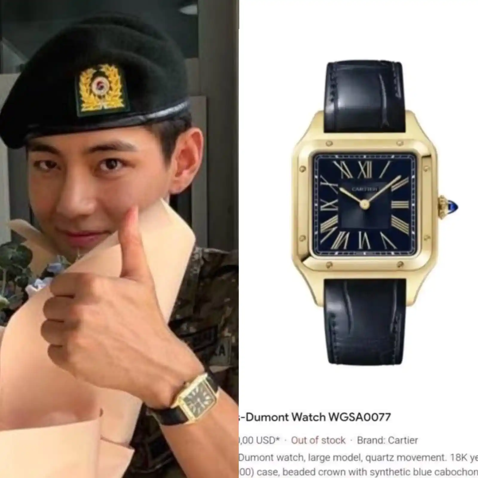 Image from Taehyung Updates¹: El reloj Cartier Santos-Dumont de Kim Taehyung, valorado en USD $13,50...