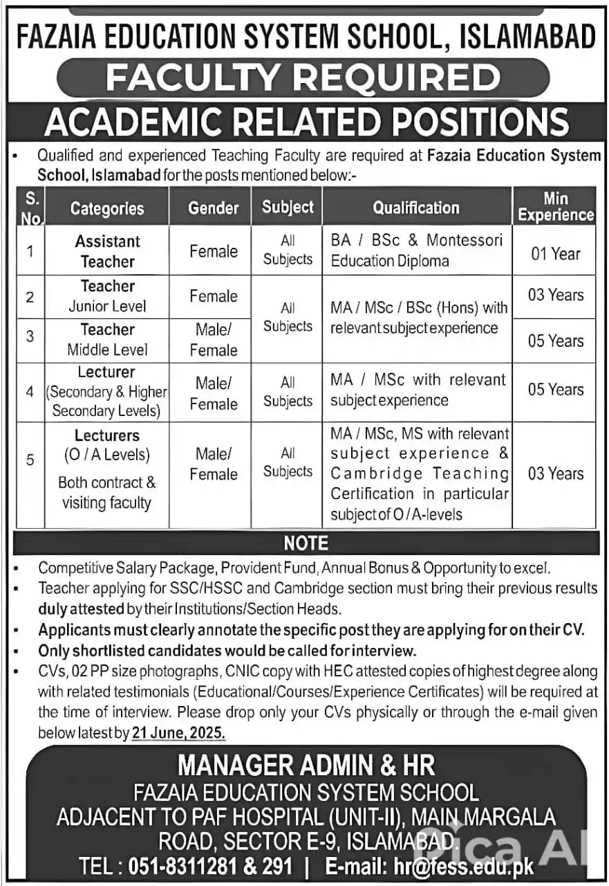 Image from info Pak organizations: فزائیہ ایجوکیشن سسٹم اسکول، اسلام آباد میں تدریسی عملے کی آسامیاں خالی...