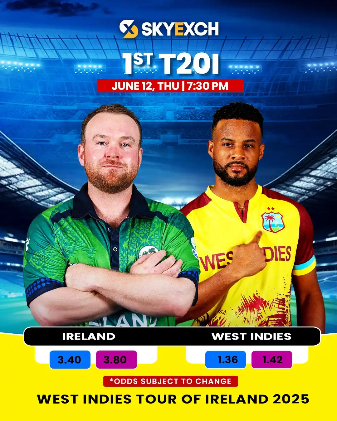 Image from Skyexch: Ireland vs West Indies – 1st T20I starts at 7:30 PM! *Who will win? ...