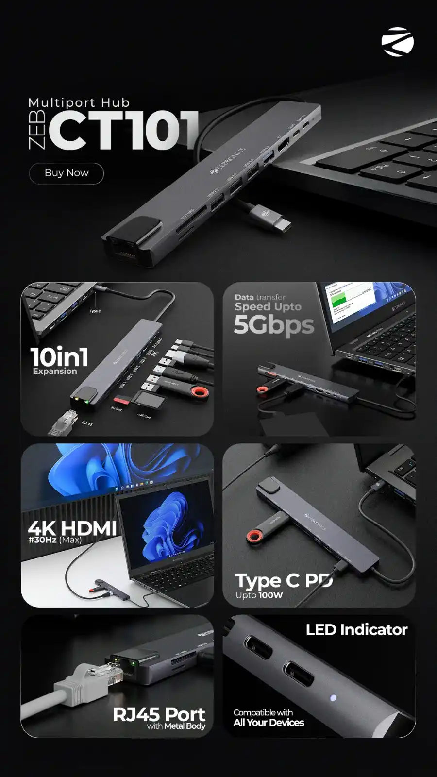 Image from Zebronics: Level up your connectivity with the ZEBRONICS CT101! 🔌 10-in-1 Multip...