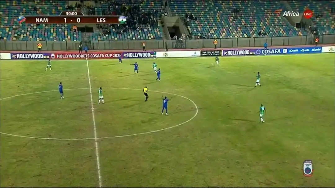 Image from DStv Namibia: Namibia leads 🇳🇦 1 - 0 🇱🇸 at the 30min mark 🥳 🔥⚽ *_Tap in:_* ht...