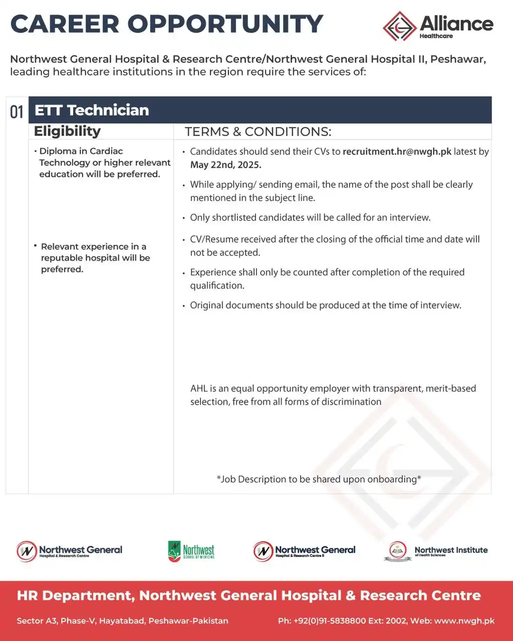 Image from Northwest General Hospital & Research Centre: Northwest is hiring ETT Technician To apply and for job details, vis...