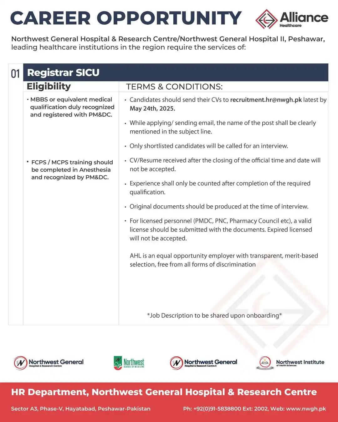 Image from Northwest General Hospital & Research Centre: Northwest is hiring Registrar ICU To apply and for job details, visit...