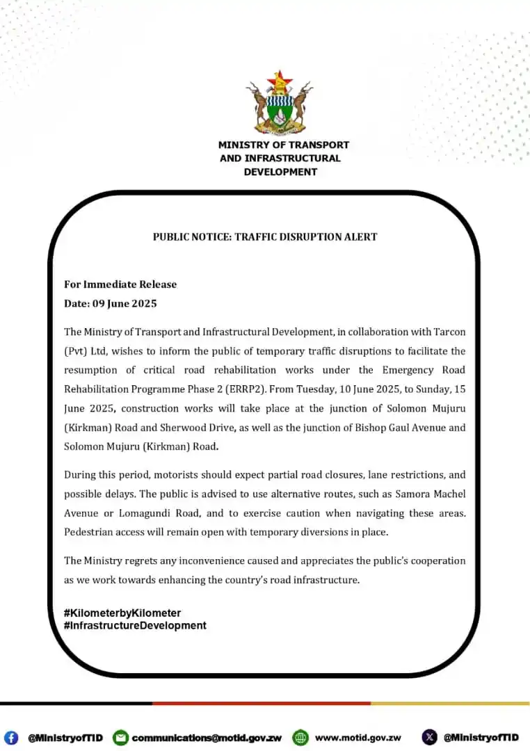 Image from Ministry of Transport and Infrastructural Development: Public Notice on Traffic disruption on the junction of Solomon Mujuru ...