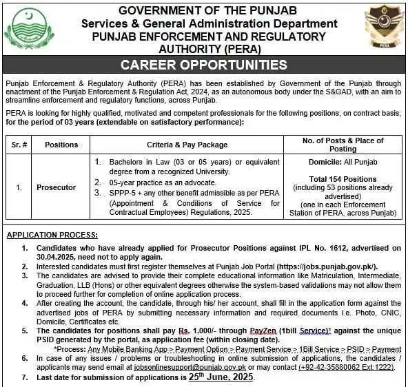Image from info Pak organizations: Punjab Enforcement and Regulatory Authority (PERA) Last Date to Apply:...