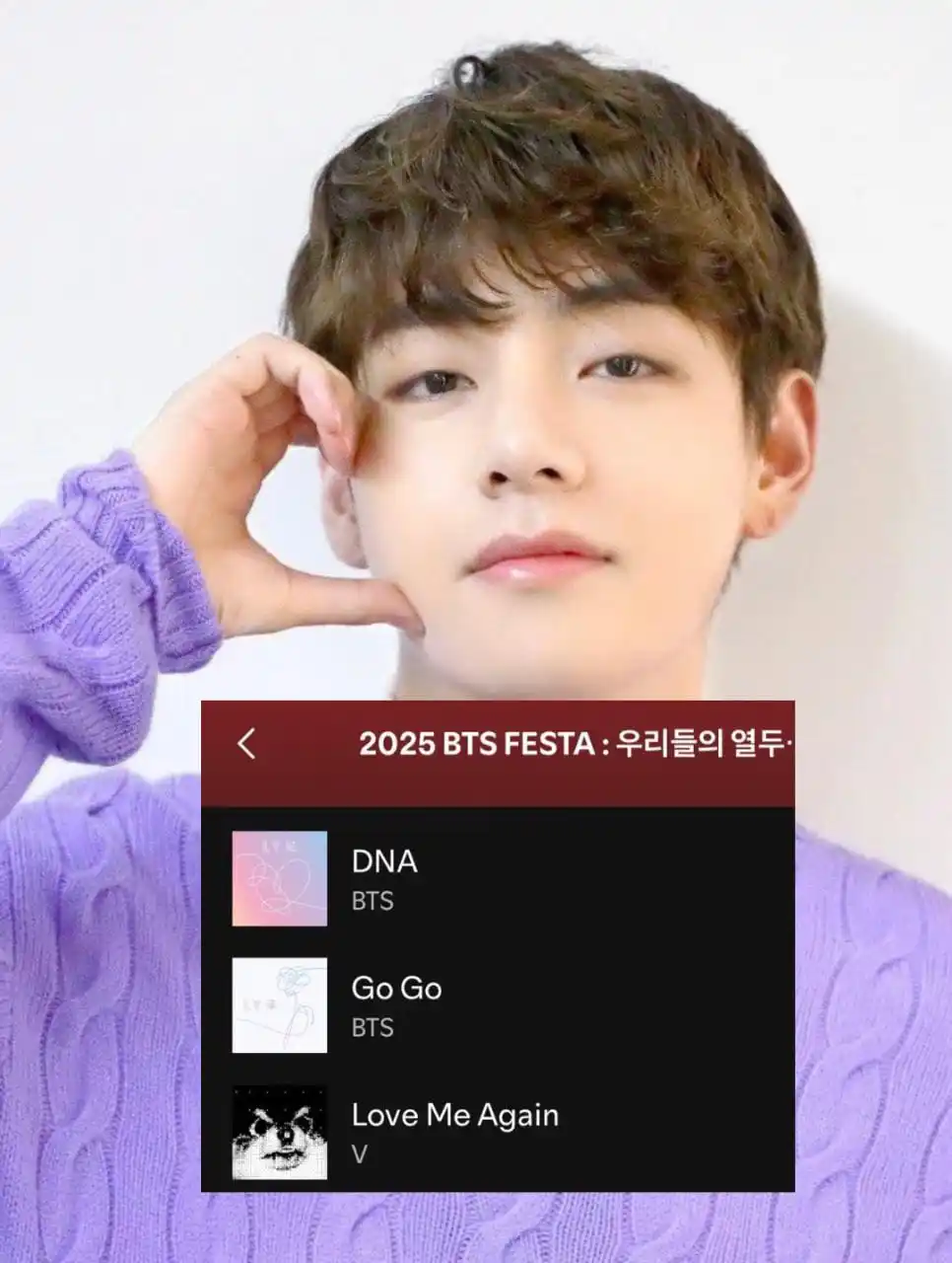 Image from Taehyung Updates¹: Taehyung ha elegido "Love Me Again", "DNA" y "Go Go" para incluirlos e...
