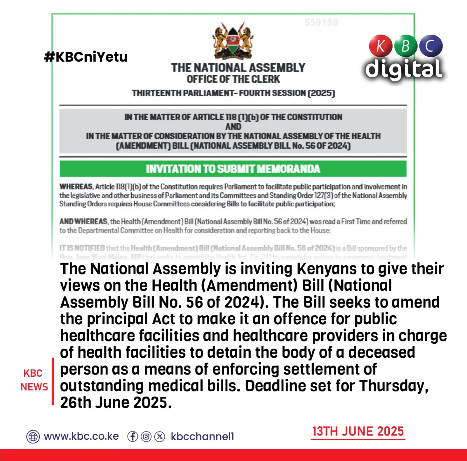 Image from KBC Digital: The National Assembly is inviting Kenyans to give their views on the H...