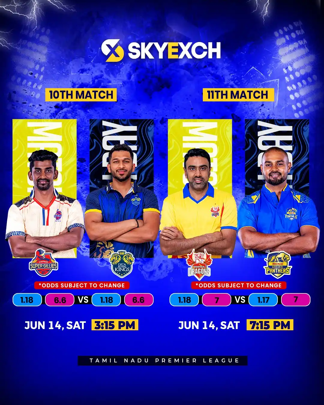 Image from Skyexch: *Two big clashes today!* Chepauk Super Gillies face Lyca Kovai Kings...