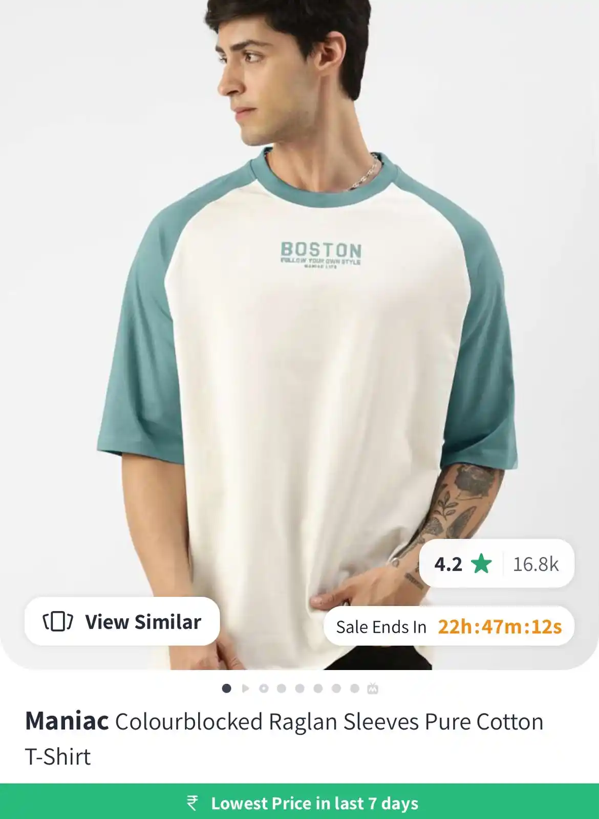 Image from Salelooter - Loot Deals: *70% Off: Maniac Colourblocked Raglan Sleeves Pure Cotton Tshirt @ 497...