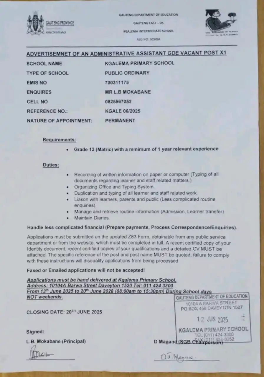Image from Ghost-Lady Internships Channel: Administrative Assistant 🔌 🔌 📍Kgalema Primary School - Daveyton...