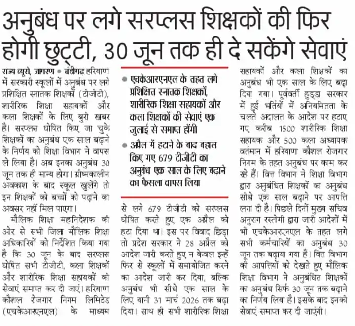 Image from RAJESH KUMAR SHARMA: *✅अनुबंध (HKRN ) पर लगे सरप्लस शिक्षकों की फिर होगी छुट्टी, 30 जून तक ...