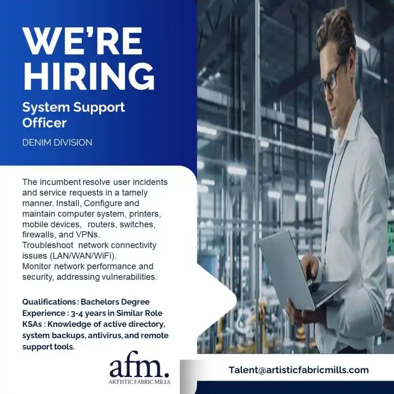 Image from Jobs in Pakistan (Miscellaneous): Artistic Fabric Mills (Pvt.) Ltd is looking to hire *“System Support O...