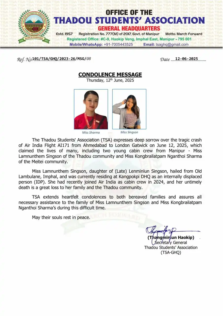 Image from KUKI INTERNATIONAL NEWS: *CONDOLENCE MESSAGE* Thursday, 12th June, 2025 The Thadou Students' A...