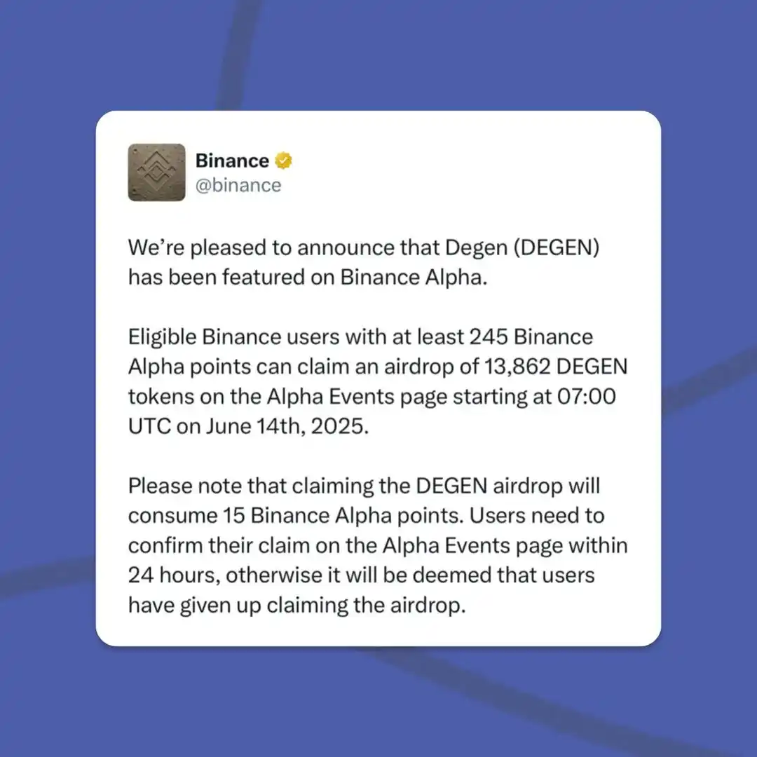 Image from DEYINKA UPDATE ZONE: 📣 *DEGEN Airdrop on Binance Alpha to those that meets the minimum poi...