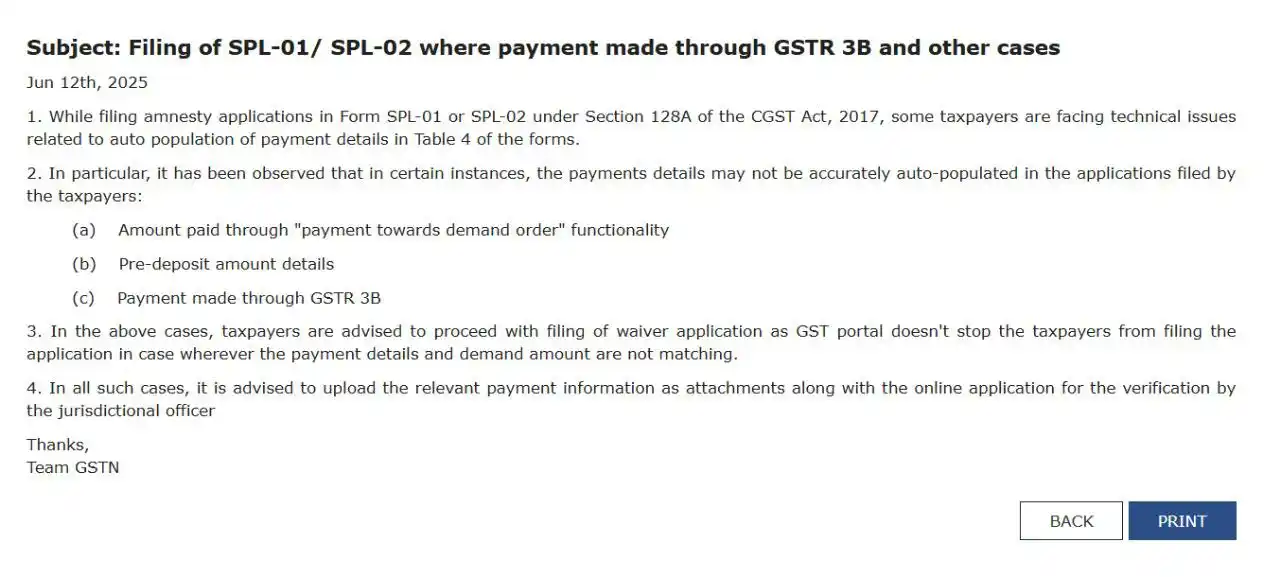 Image from GST & Tax Alerts: *Filing of SPL-01/ SPL-02 where payment made through GSTR 3B and other...