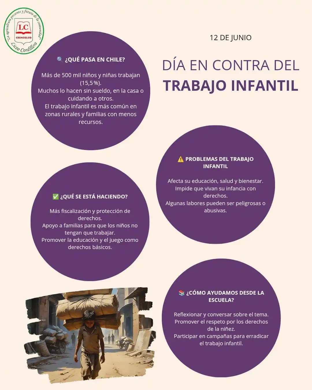 Image from INFORMATIVO LICEO CORDILLERA: 📅 Hoy, 12 de junio, conmemoramos el Día Mundial contra el Trabajo Inf...