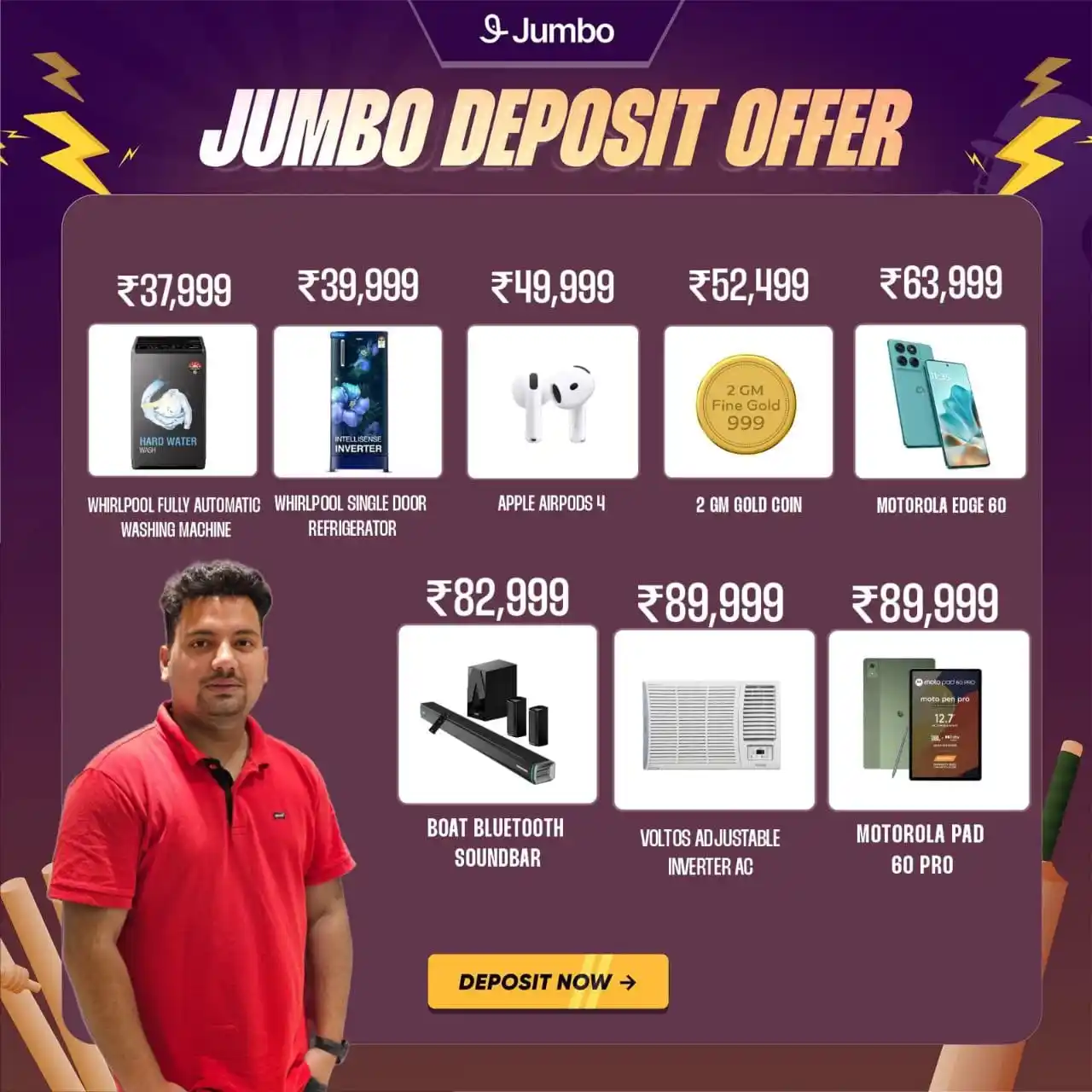Image from PREDICTION RAJA: ⚡ JUMBO DEPOSIT OFFER is LIVE! ⚡ 🎉 Deposit karo, Mega Rewards le jao!...